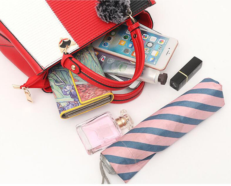 Women's Patchwork Handbag with Hairball Charm